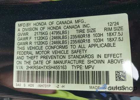 2025 Honda Cr-V Ex-L Awd из США, поврежденный, VIN 2HKRS4H7XSH455163